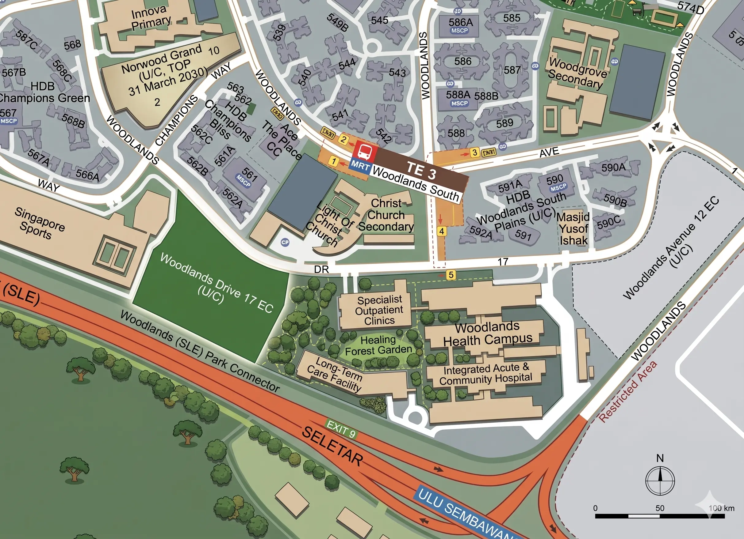 Illustrated site map showing Woodlands Drive 17 EC plot boundary alongside Woodlands Health Campus, Singapore Sports School and Woodlands South MRT