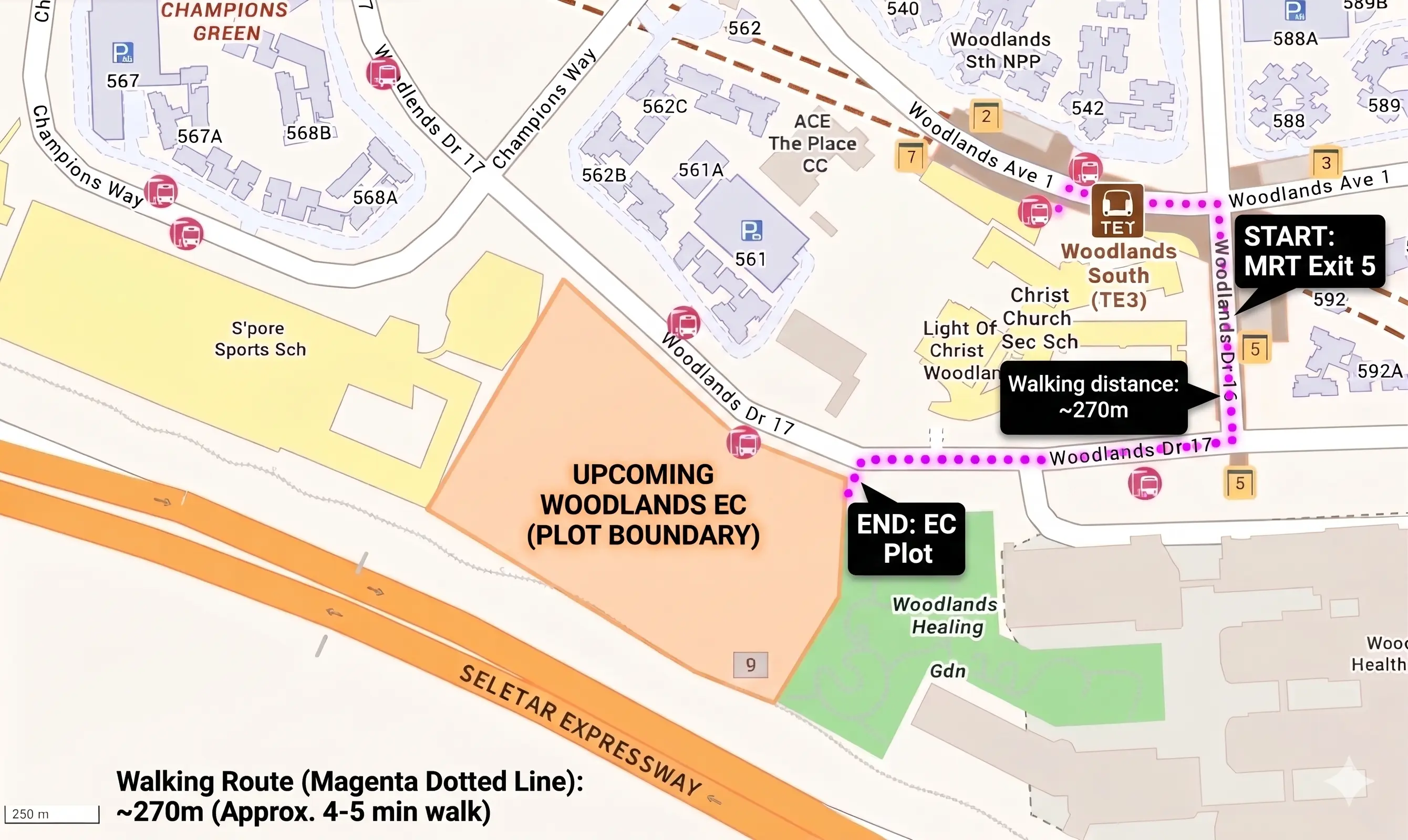 Walking route map showing ~270m walk from Woodlands South MRT Exit 5 to Woodlands Drive 17 EC plot